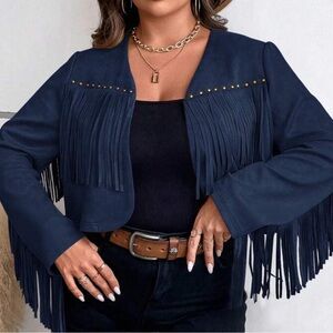 Fringe Trim Open Front Crop Jacket